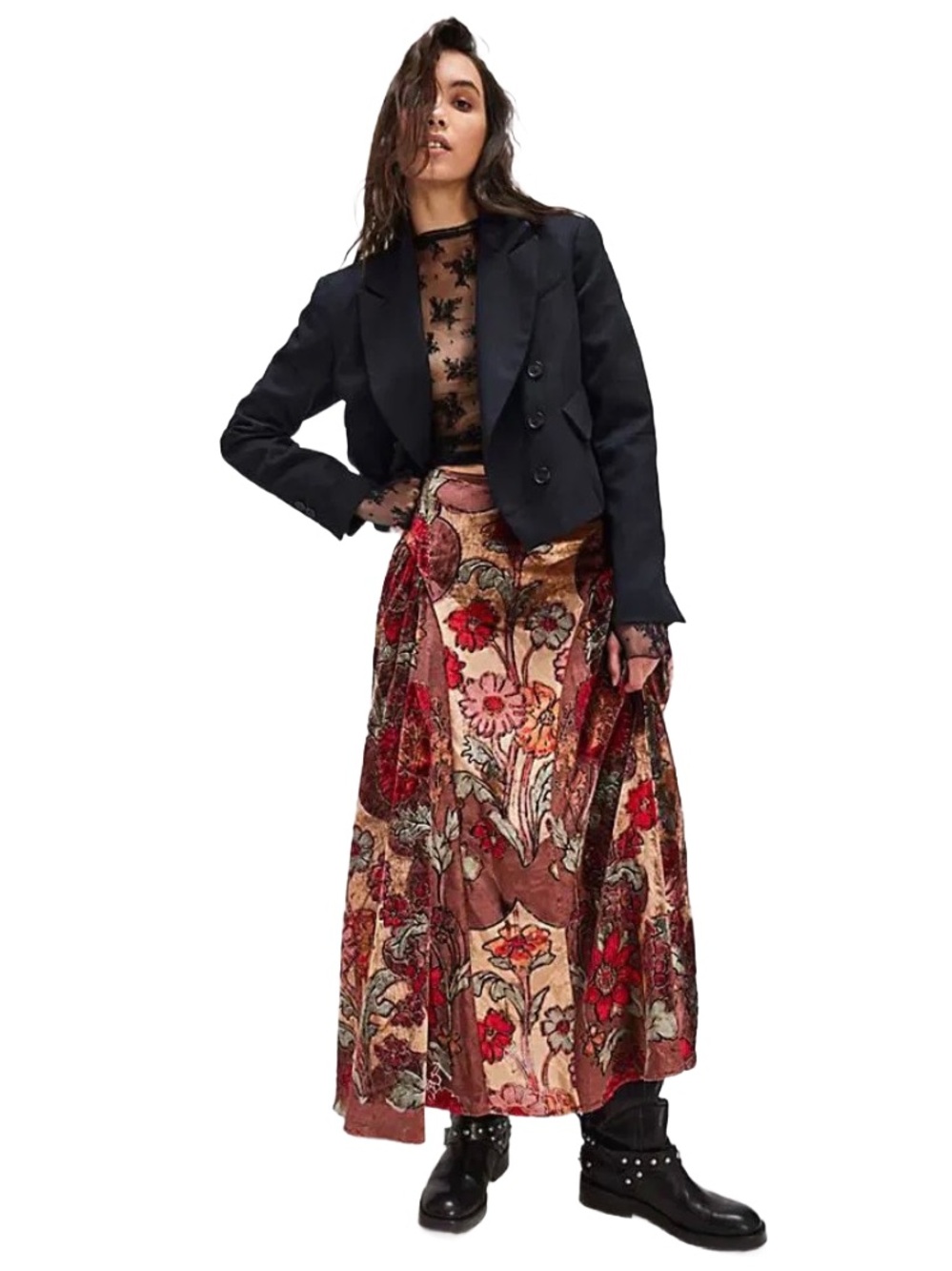 Free People Velvet Petals Floral Velvet Maxi Skirt Size 12 NWT, Boho Festival ❤️